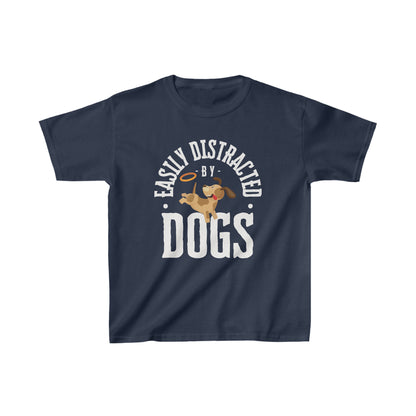  Set against a white backdrop, a Dogs Pure Love navy unisex kids tee showcases a cute graphic and playful slogan 'Easily Distracted by Dogs.'