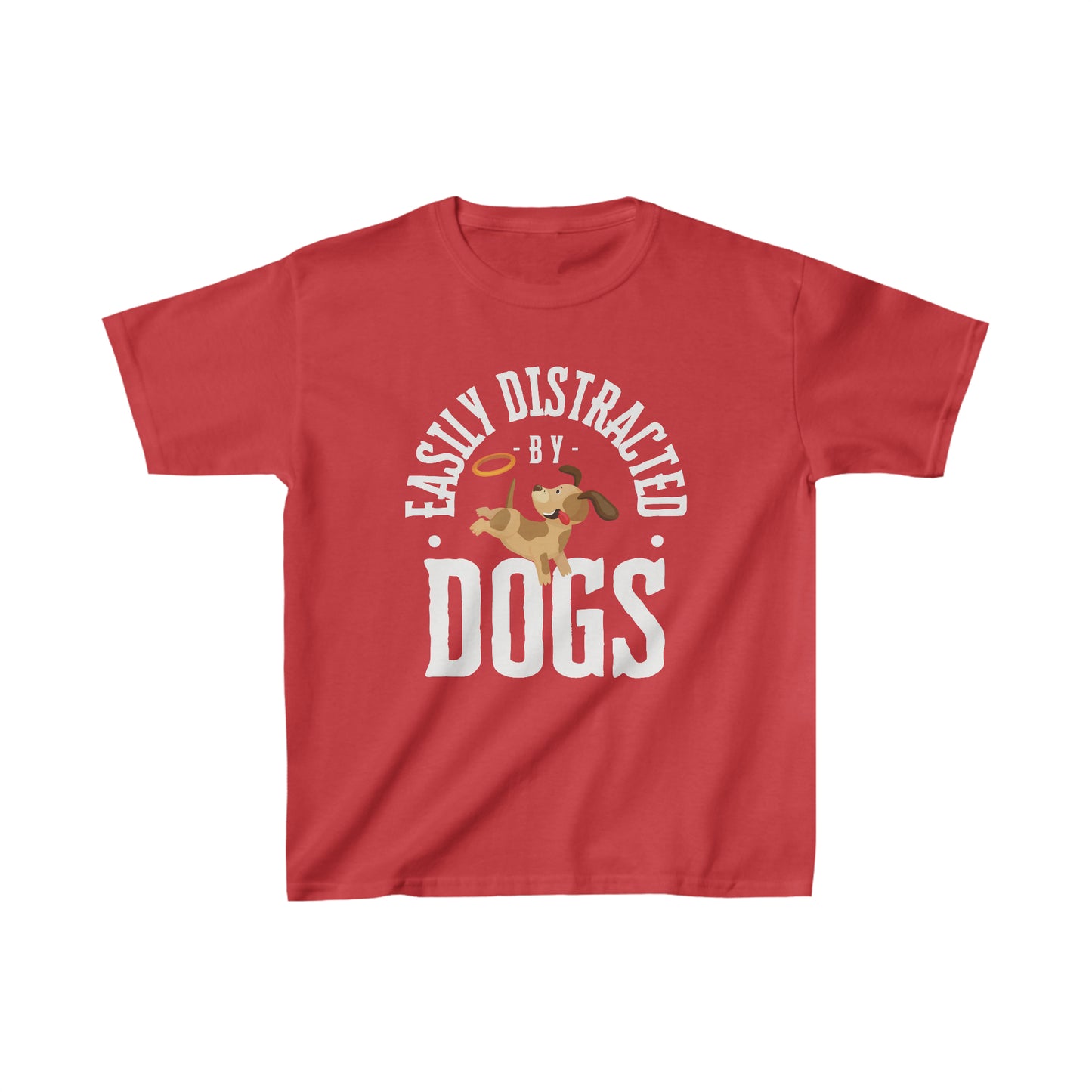 Against a white backdrop, a Dogs Pure Love red unisex kids t-shirt displays a cute graphic and playful slogan 'Easily Distracted by Dogs.'
