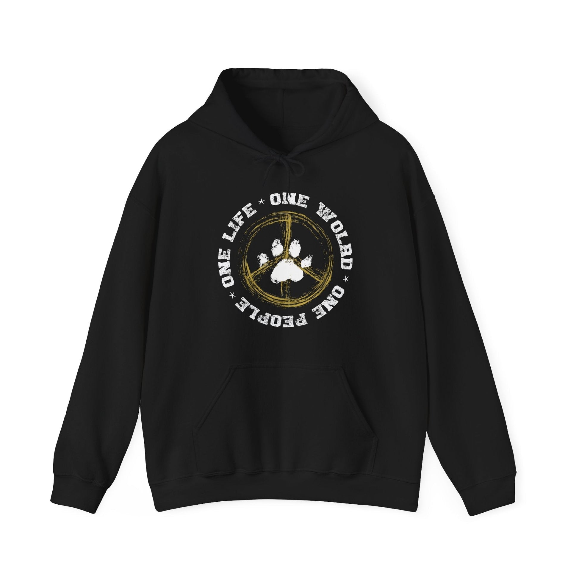 On a white background, a Dogs Pure Love hoodie displays a graphic and slogan 'One World'.