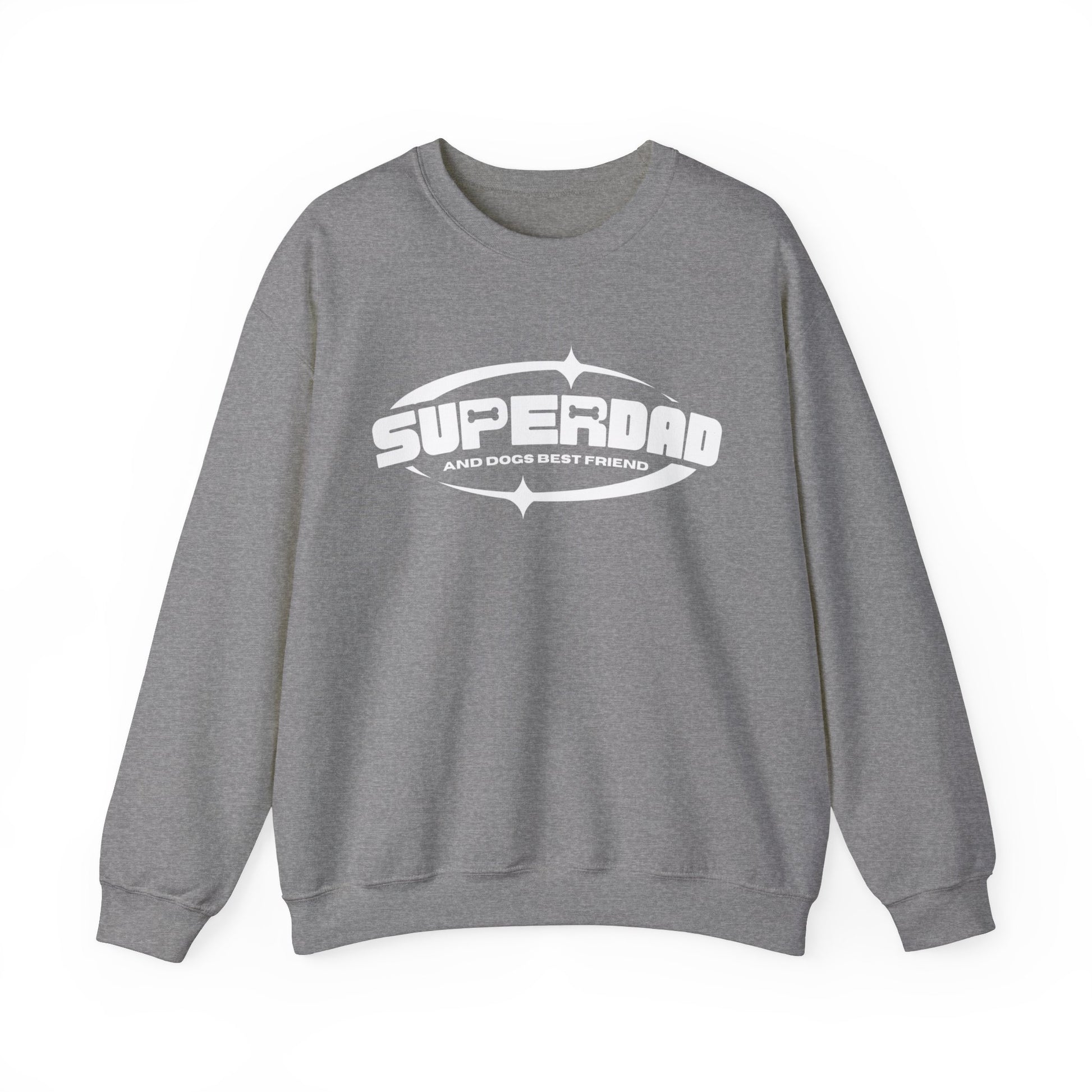 Showcasing a sport grey Dogs Pure Love unisex sweatshirt, featuring the 'Superdad' print, against a white backdrop.
