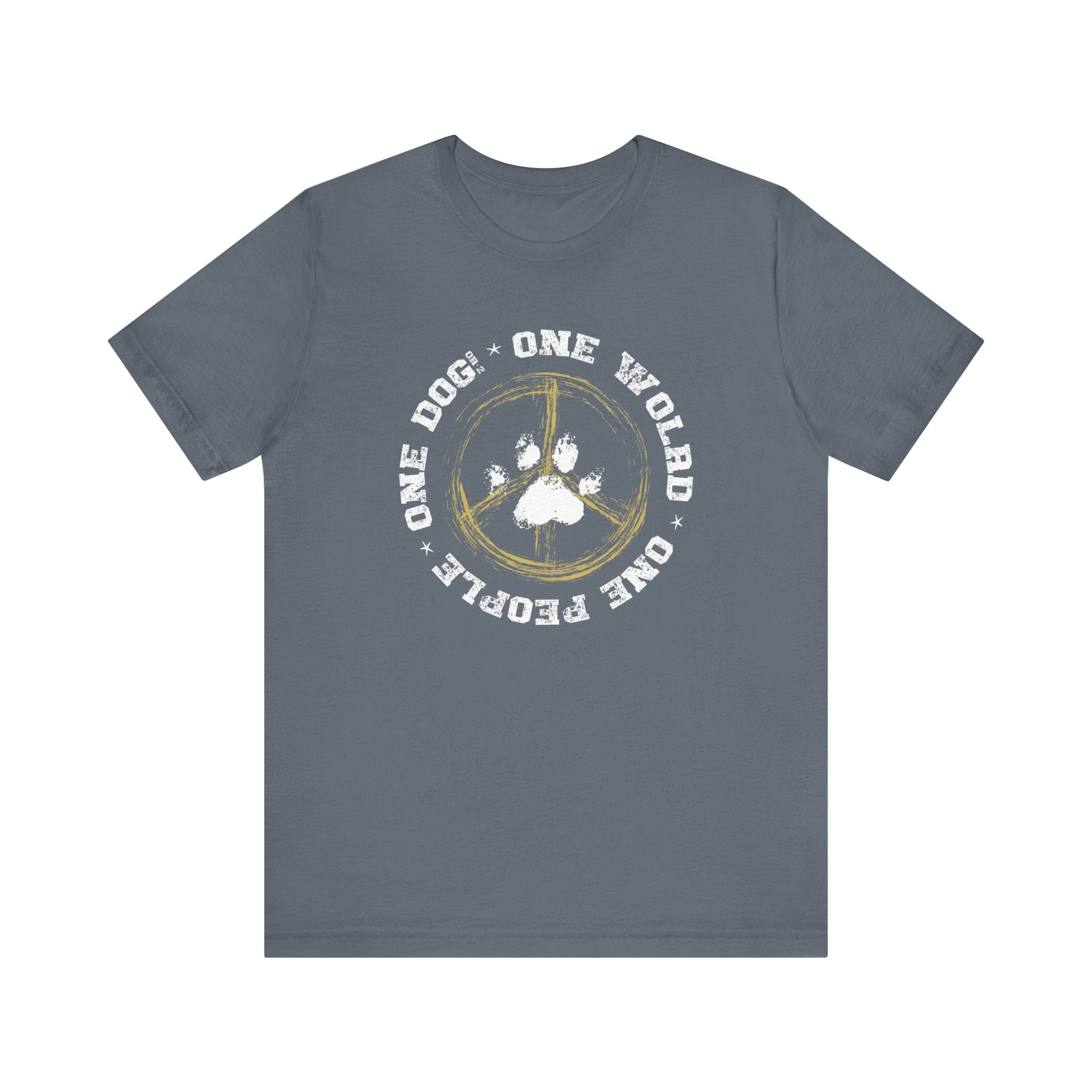 Against a white canvas, a steel blue Dogs Pure Love, ‘One World – One Dog' unisex tee is showcased.