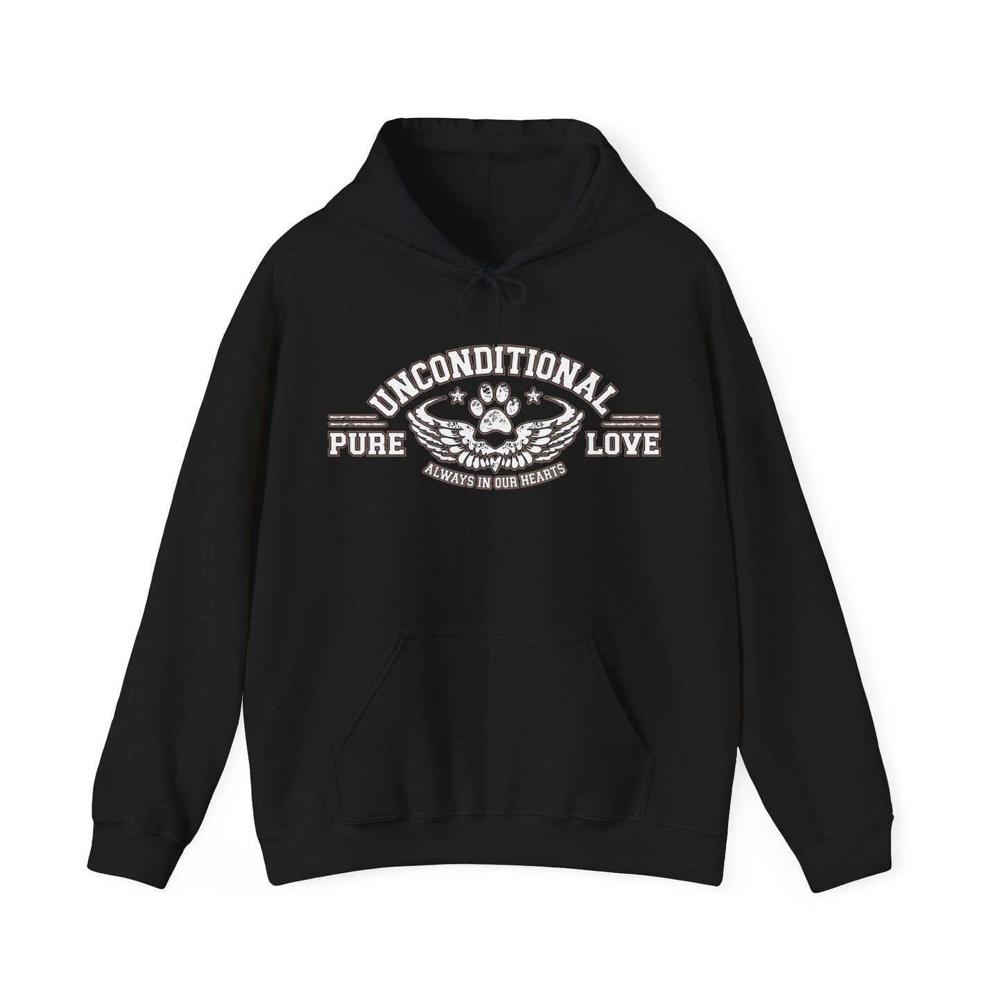 The slogan 'Unconditional Pure Love, forever in our hearts by Dogs Pure Love, printed on a black unisex hoodie, is set against a white background.