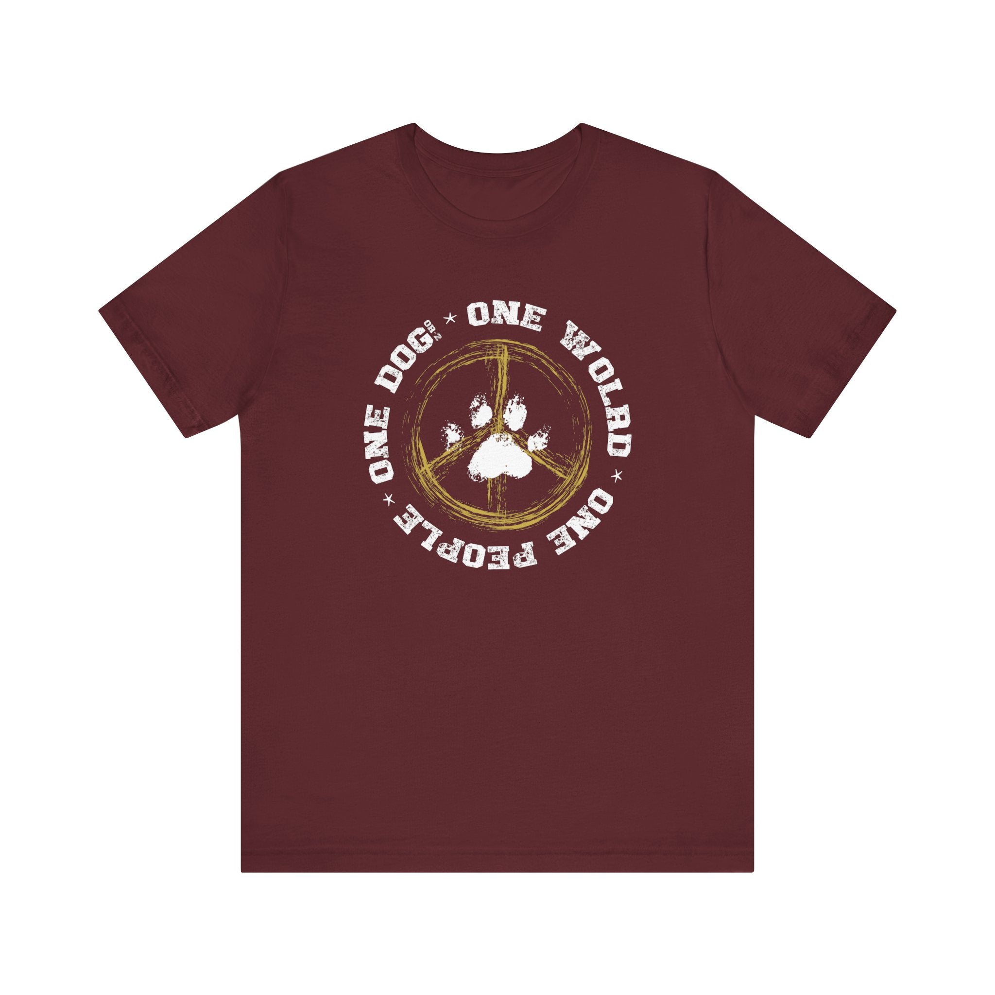 Showcasing a maroon 'Dogs Pure Love, One World – One Dog' unisex dog t-shirt on a white canvas.