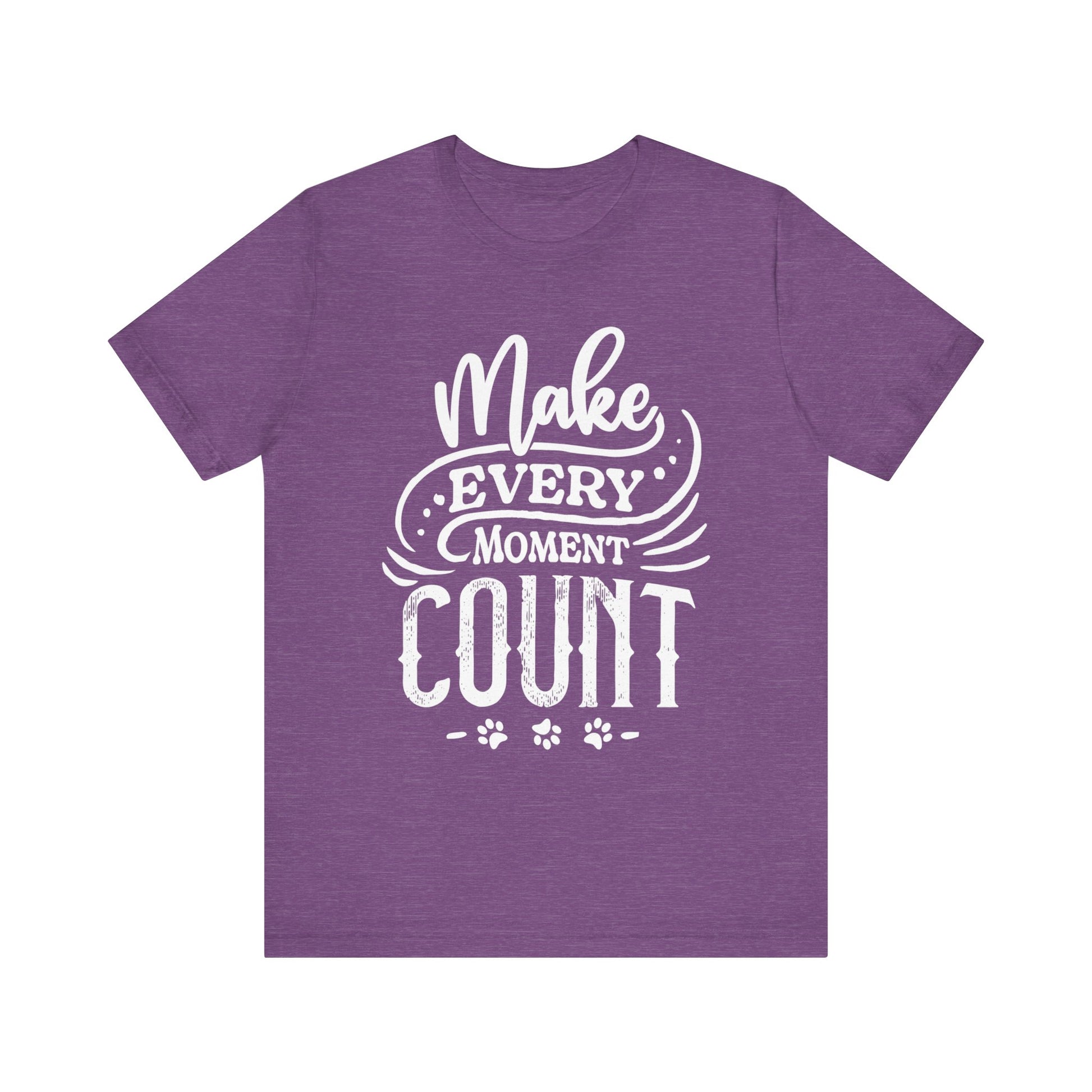 A heather purple unisex tee by Dogs Pure Love features the slogan 'Make Every Moment Count,' against a white backdrop.