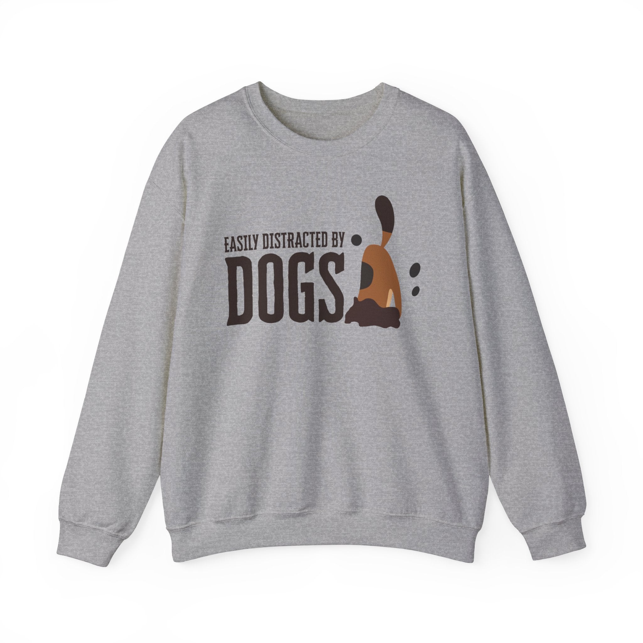 Against a white backdrop, a ‘Dogs Pure Love, Dog Dig’ unisex sport grey sweatshirt displays a dog digging with the slogan ‘Easily Distracted by Dogs.'