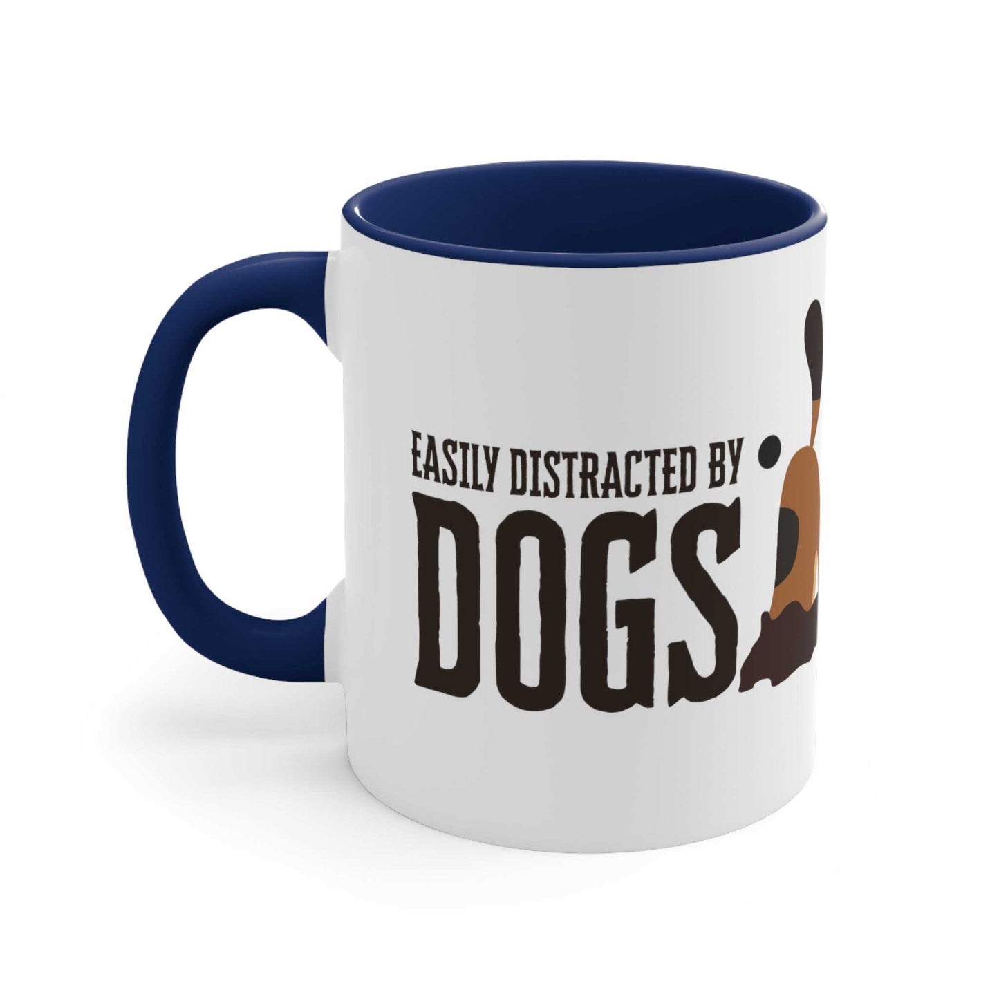 A Dogs Pure Love ceramic mug with a navy inner and handle, and white outer, features the slogan, 'Easily Distracted by Dogs,' and dog digging graphic, against a white backdrop.