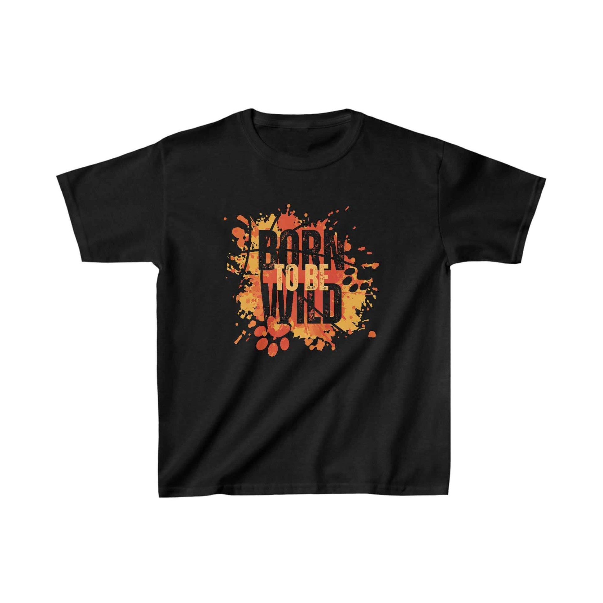  On a white canvas, a Dogs Pure Love black unisex tee showcases the bold print 'Born to be Wild' against a striking yellow and orange splatter background.