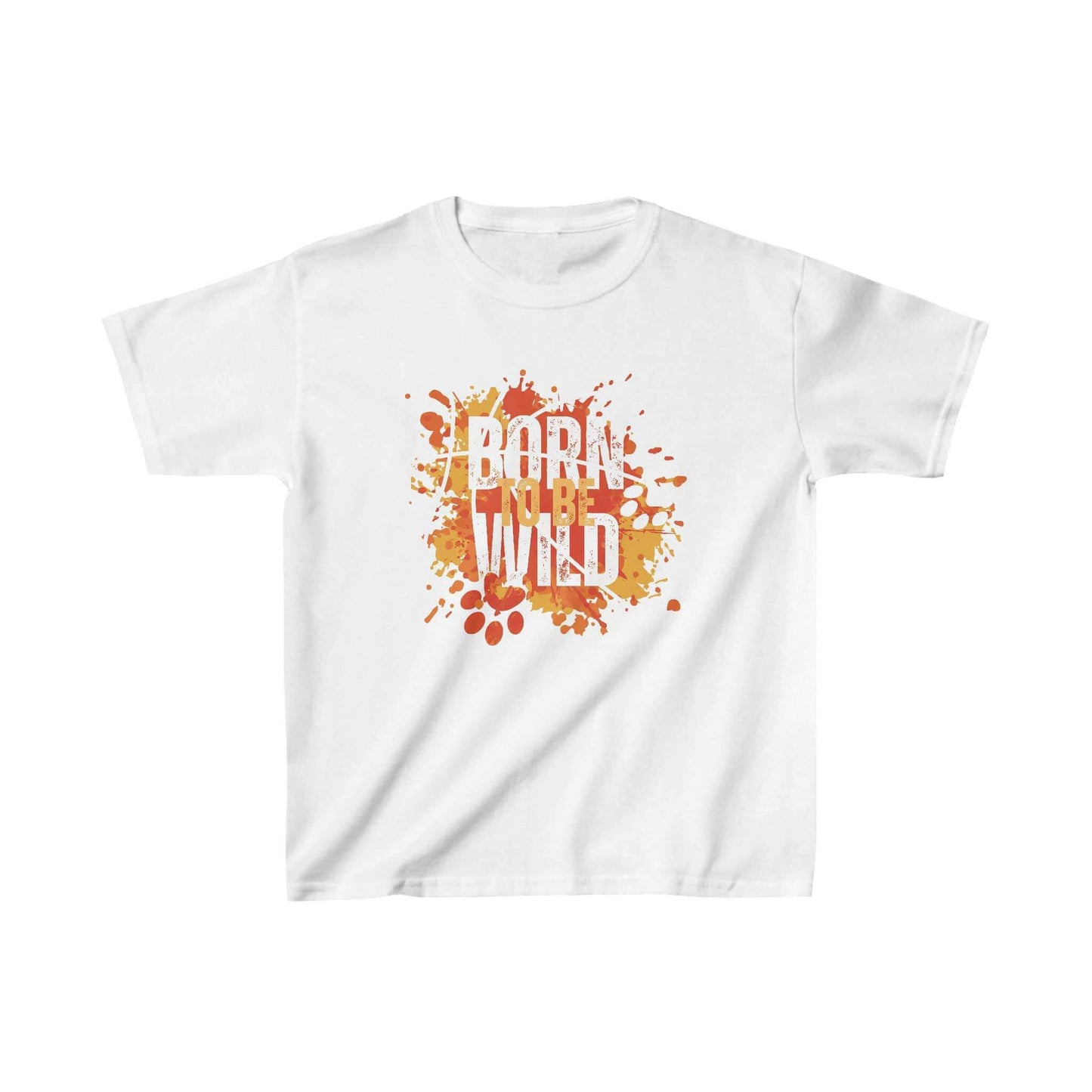 On a white canvas, a Dogs Pure Love white unisex kids t-shirt highlights a orange and yellow splatter design with the words 'Born to be Wild.'