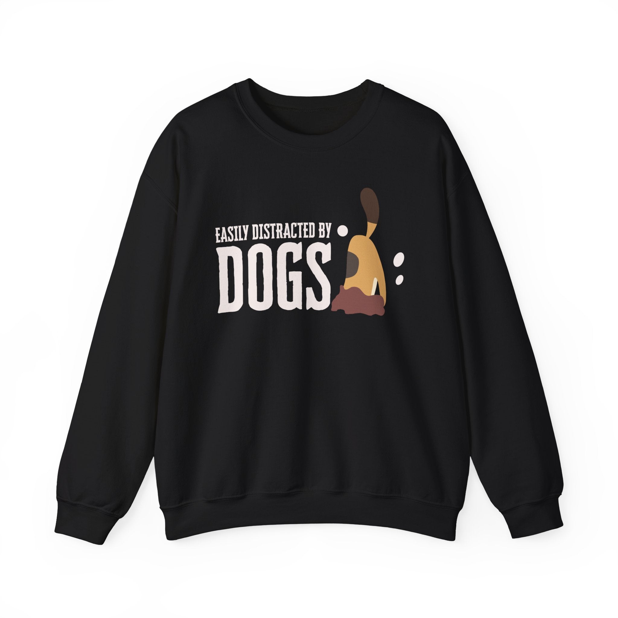 Surrounded by a white canvas, a ‘Dogs Pure Love, Dog Dig’ unisex black sweatshirt features a dog digging with the slogan ‘Easily Distracted by Dogs.’