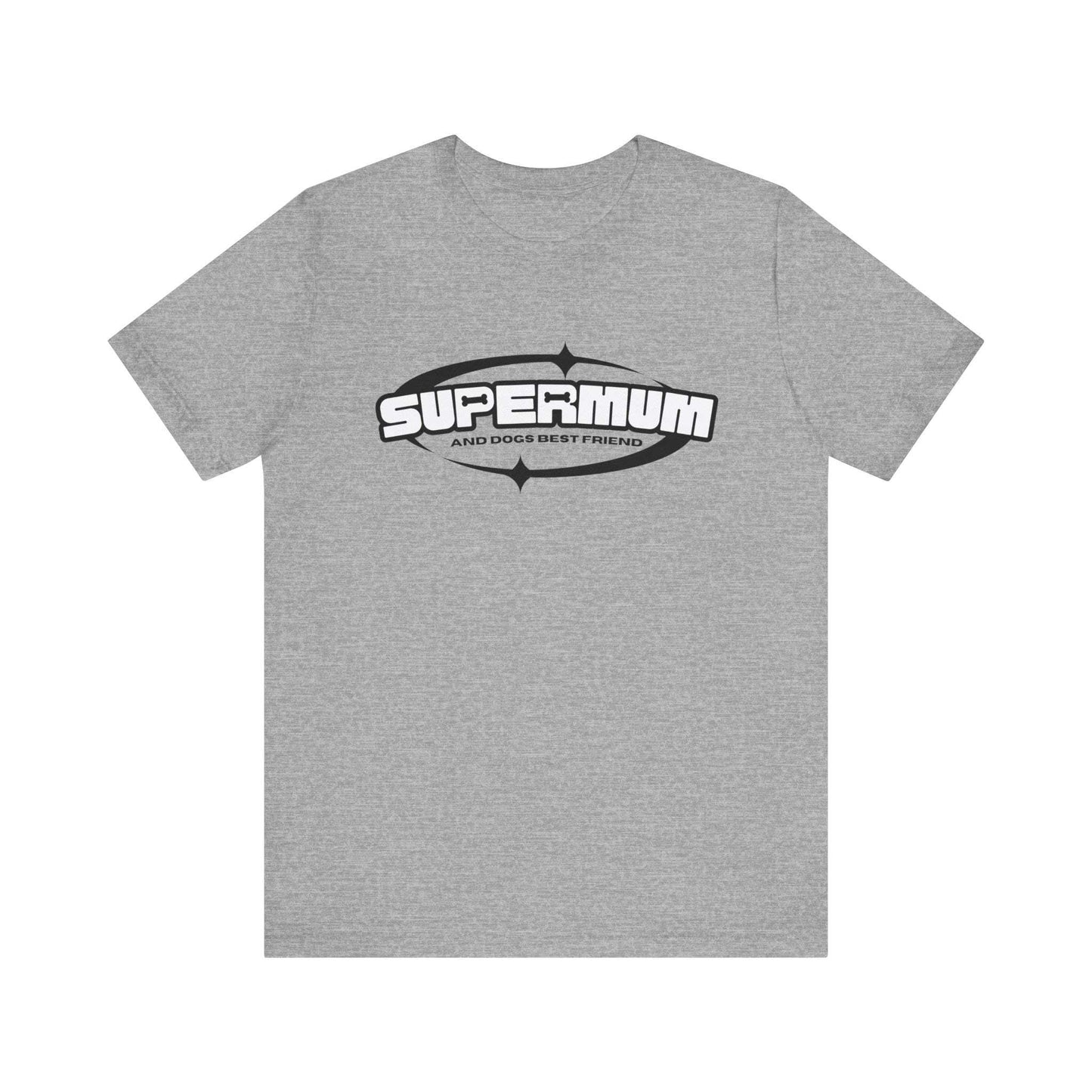  Set against a white canvas, a sport grey unisex tee from Dogs Pure Love showcases the phrase 'Supermum, and dogs best friend.'