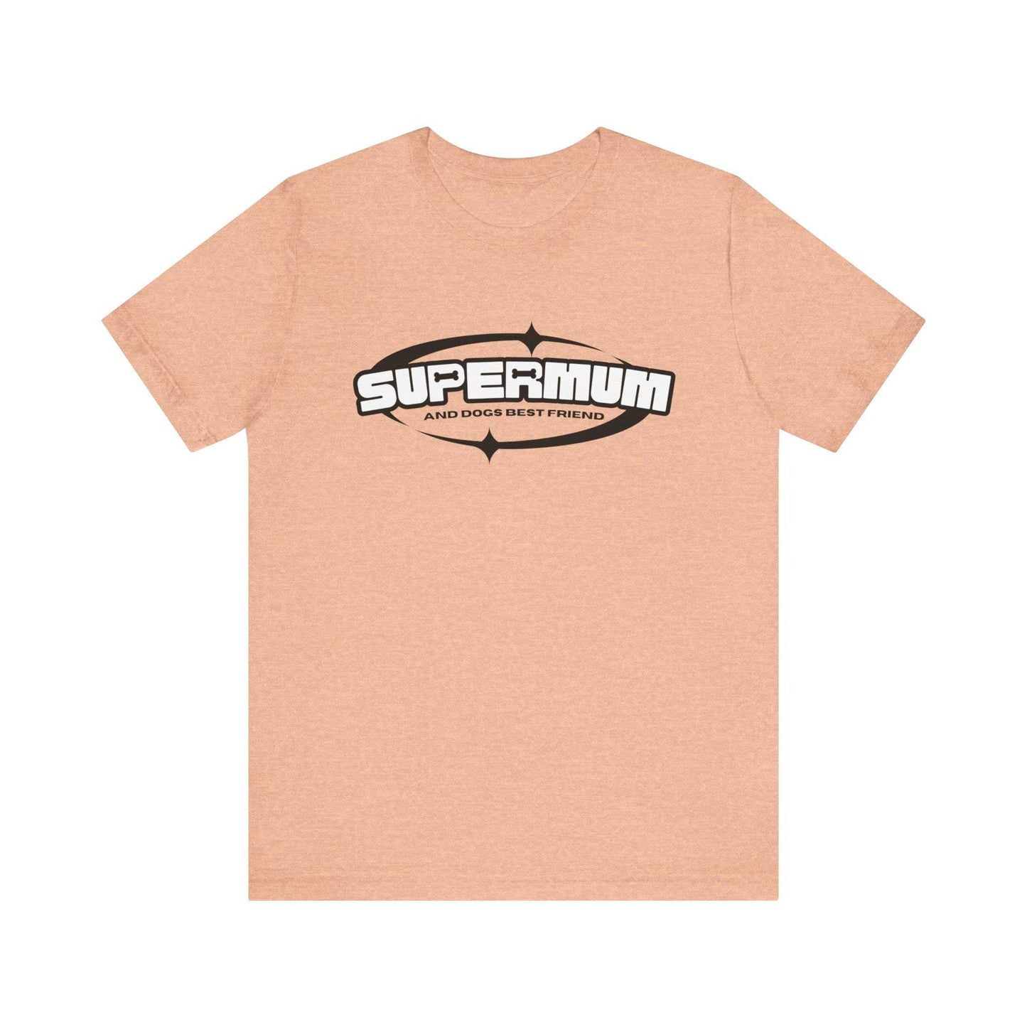  Set against a white backdrop, a Dogs Pure Love unisex tee in heather peach proudly features the phrase 'Supermum, and dogs best friend.'