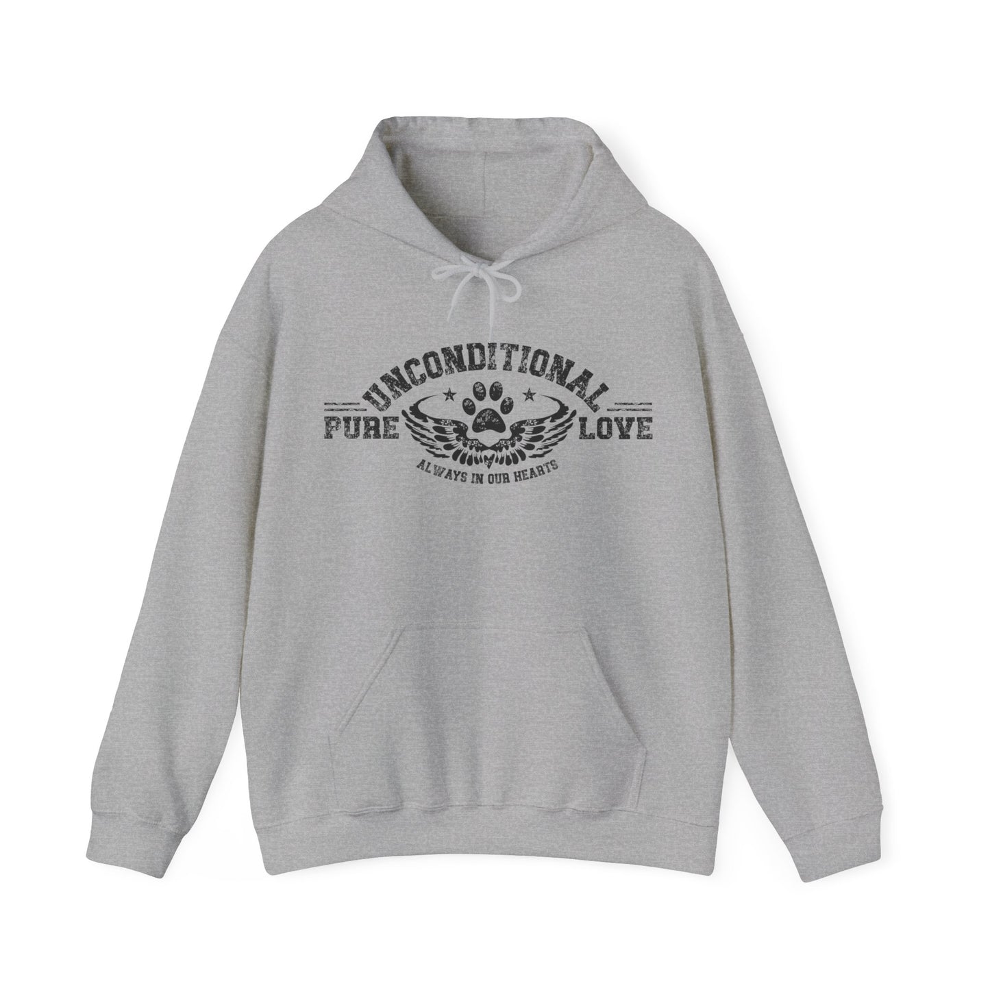  The Dogs Pure Love unisex hoodie, crafted in sport grey, elegantly showcases the empowering slogan 'Unconditional Pure Love, always in our hearts.' This impactful message stands out against a pristine white background.
