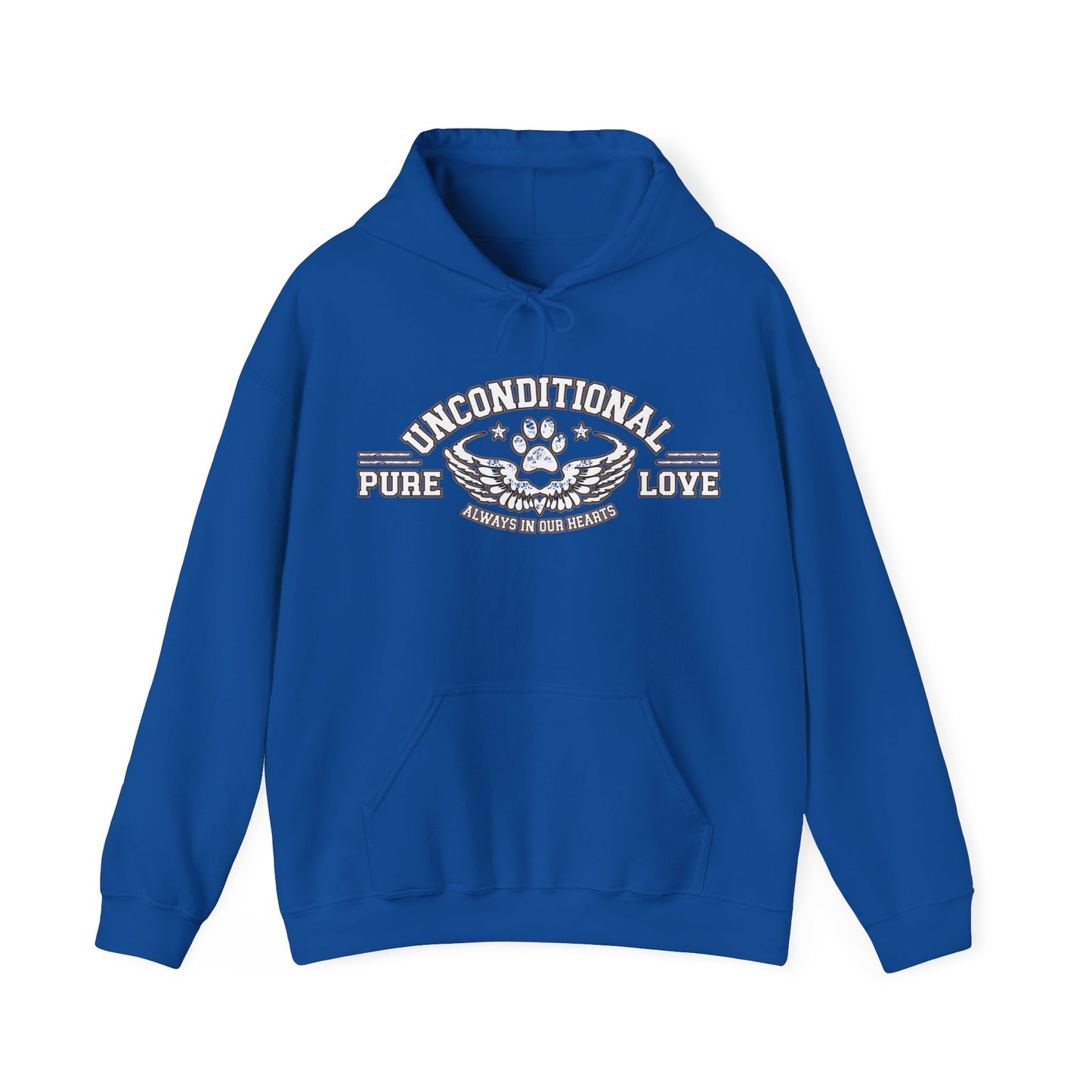 Crafted in royal blue, the Dogs Pure Love unisex hoodie gracefully features the empowering slogan 'Unconditional Pure Love, always in our hearts,' against a backdrop of pristine white.