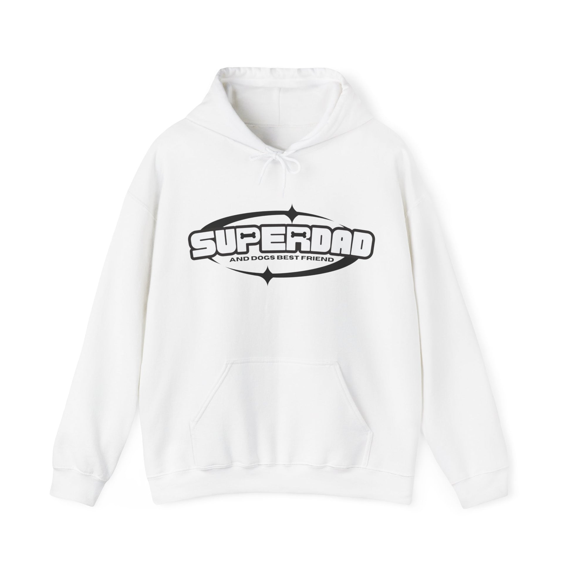 Resting against a clean white backdrop is a 'Superdad' unisex white sweatshirt by Dogs Pure Love.