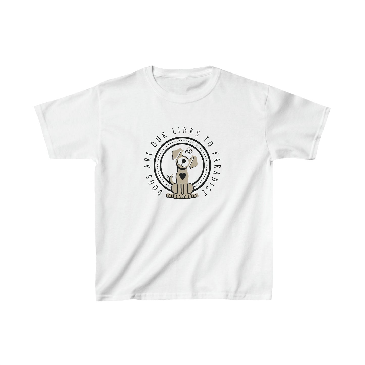 A white unisex Dogs Pure Love tee, highlights the design 'Paradise Is,' against a white backdrop.