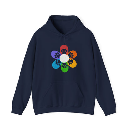 Against a white backdrop is a navy Dogs Pure Love Hoodie with a colorful flower and dog paw print.