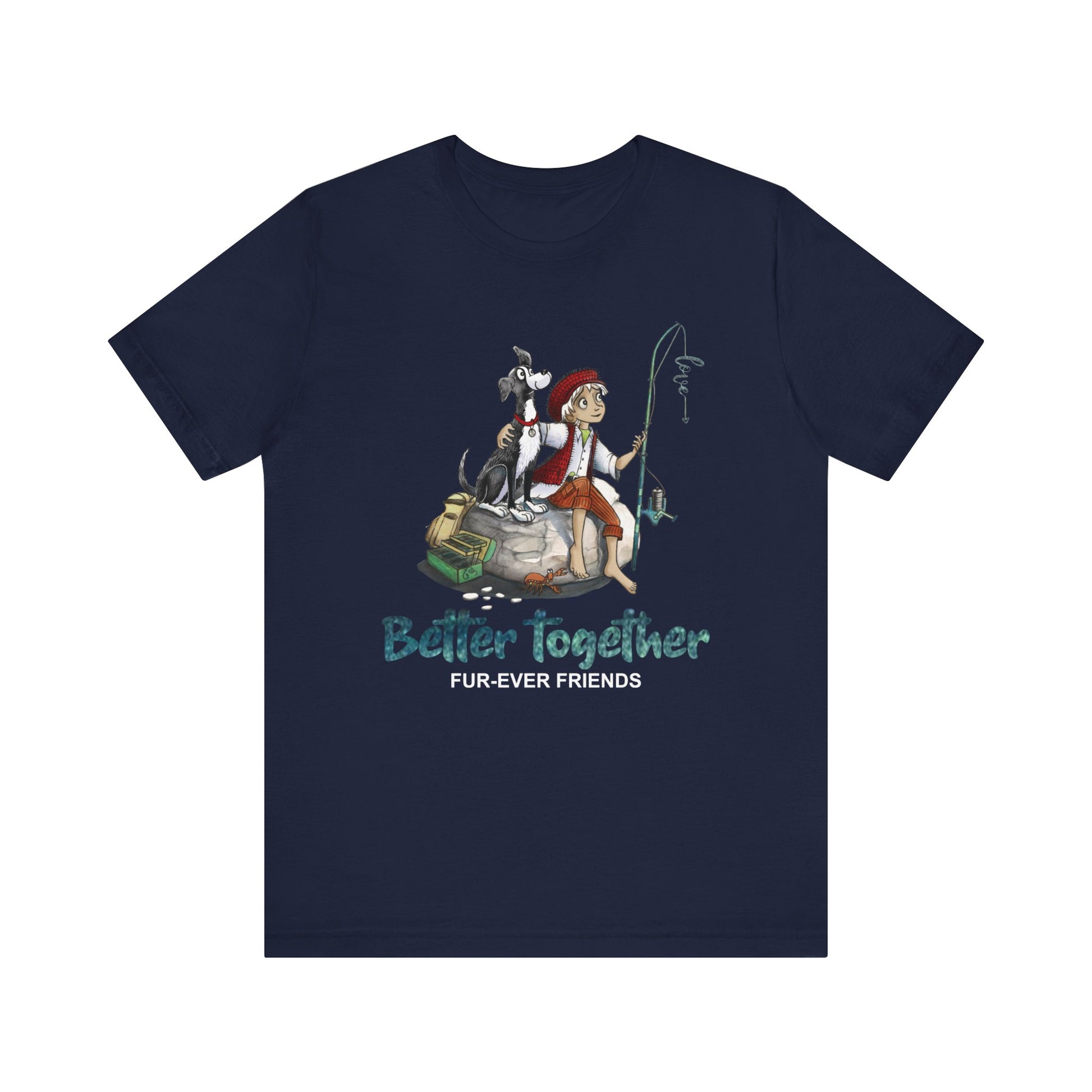 Navy colored unisex tee with 'Dogs Pure Love Better Together' print on a white background.
