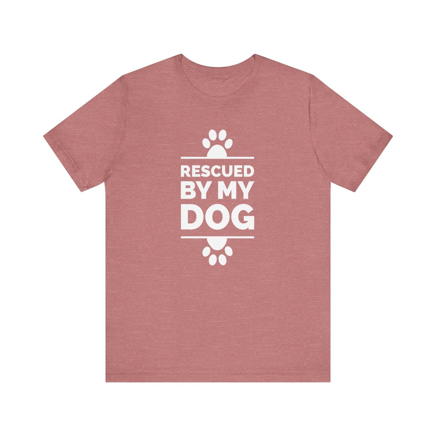  Presented against a pure white backdrop, a Dogs Pure Love heather mauve unisex tee showcases endearing paw prints and the touching phrase "Rescued by my Dog."