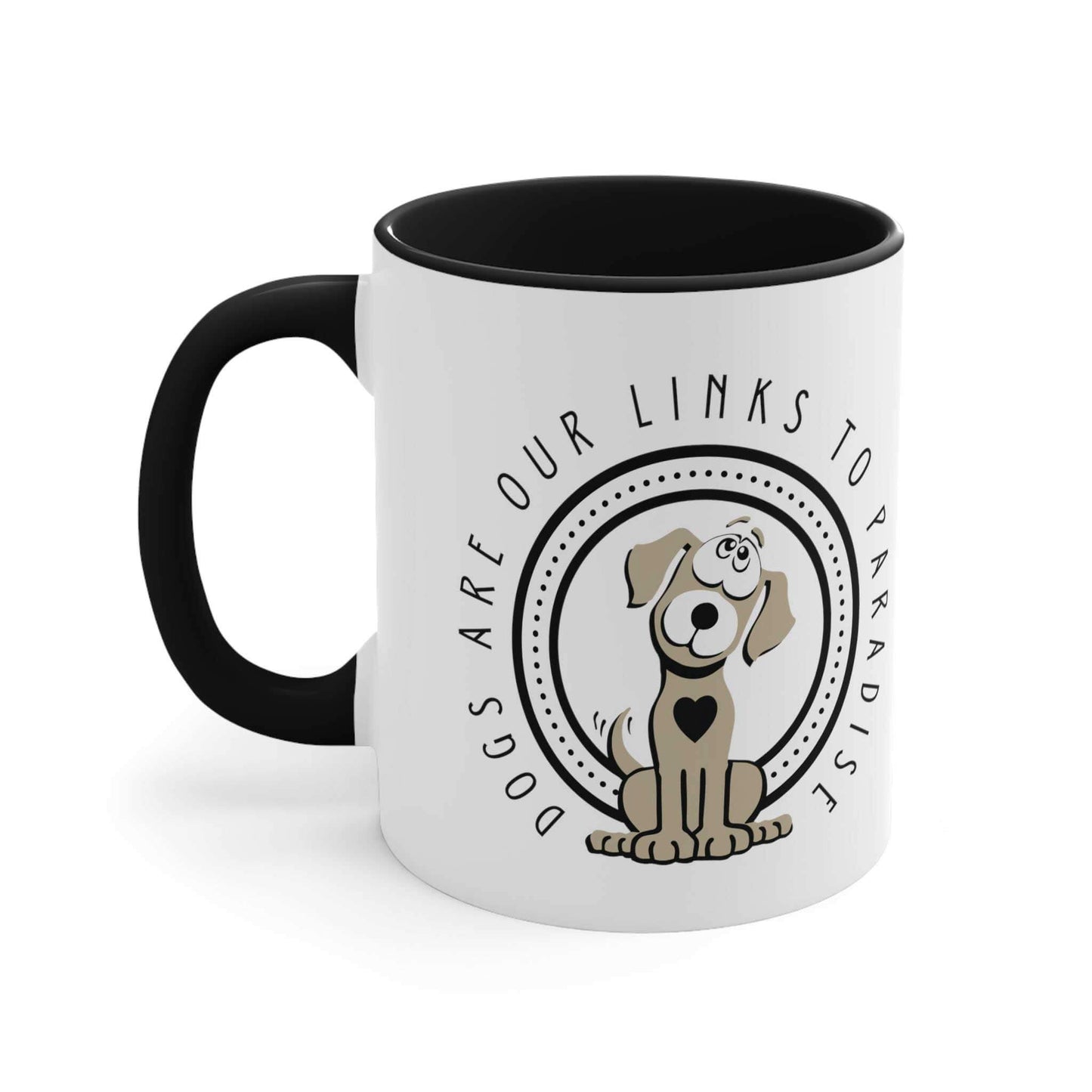 A Dogs Pure Love two-toned black and white ceramic mug features the 'Dogs are Paradise' slogan, on a white backdrop.