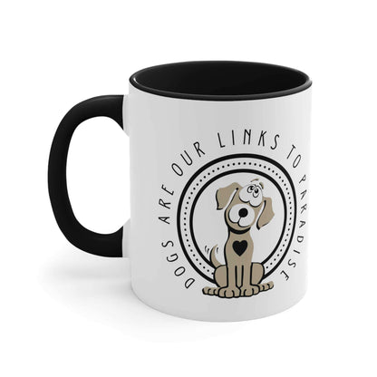 A Dogs Pure Love two-toned black and white ceramic mug features the 'Dogs are Paradise' slogan, on a white backdrop.