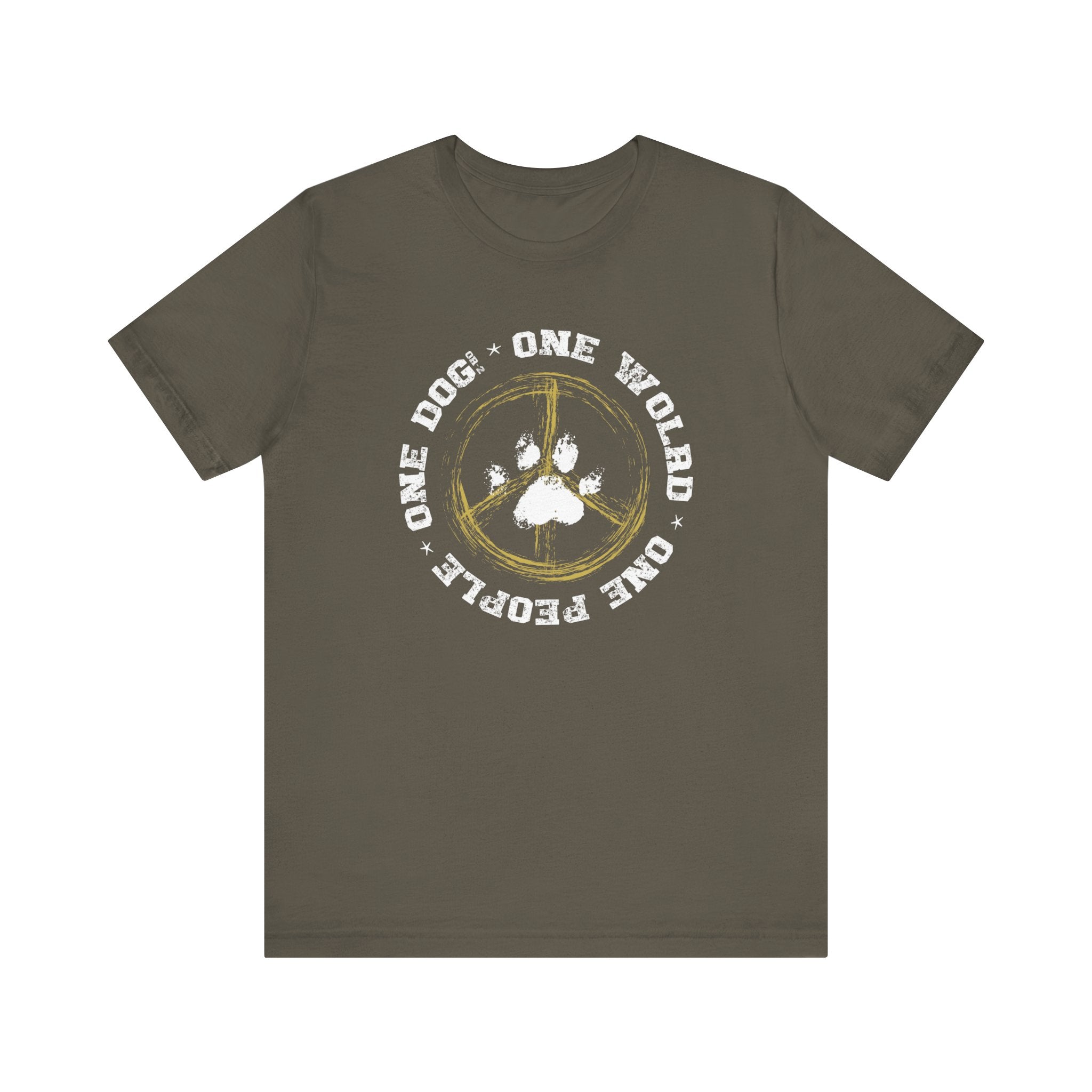 An army green Dogs Pure Love, 'One World - One Dog' unisex dog t shirt is showcased on a white backdrop.
