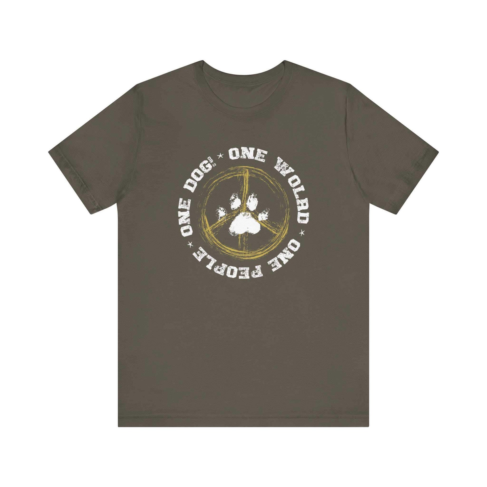 An army green Dogs Pure Love, 'One World - One Dog' unisex dog t shirt is showcased on a white backdrop.