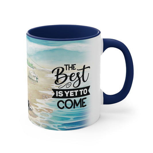 A Dogs Pure Love ceramic two-toned mug, features a blue inner and handle, and a white outer with illustration displaying the words 'The best is yet to come,' set against a white backdrop.