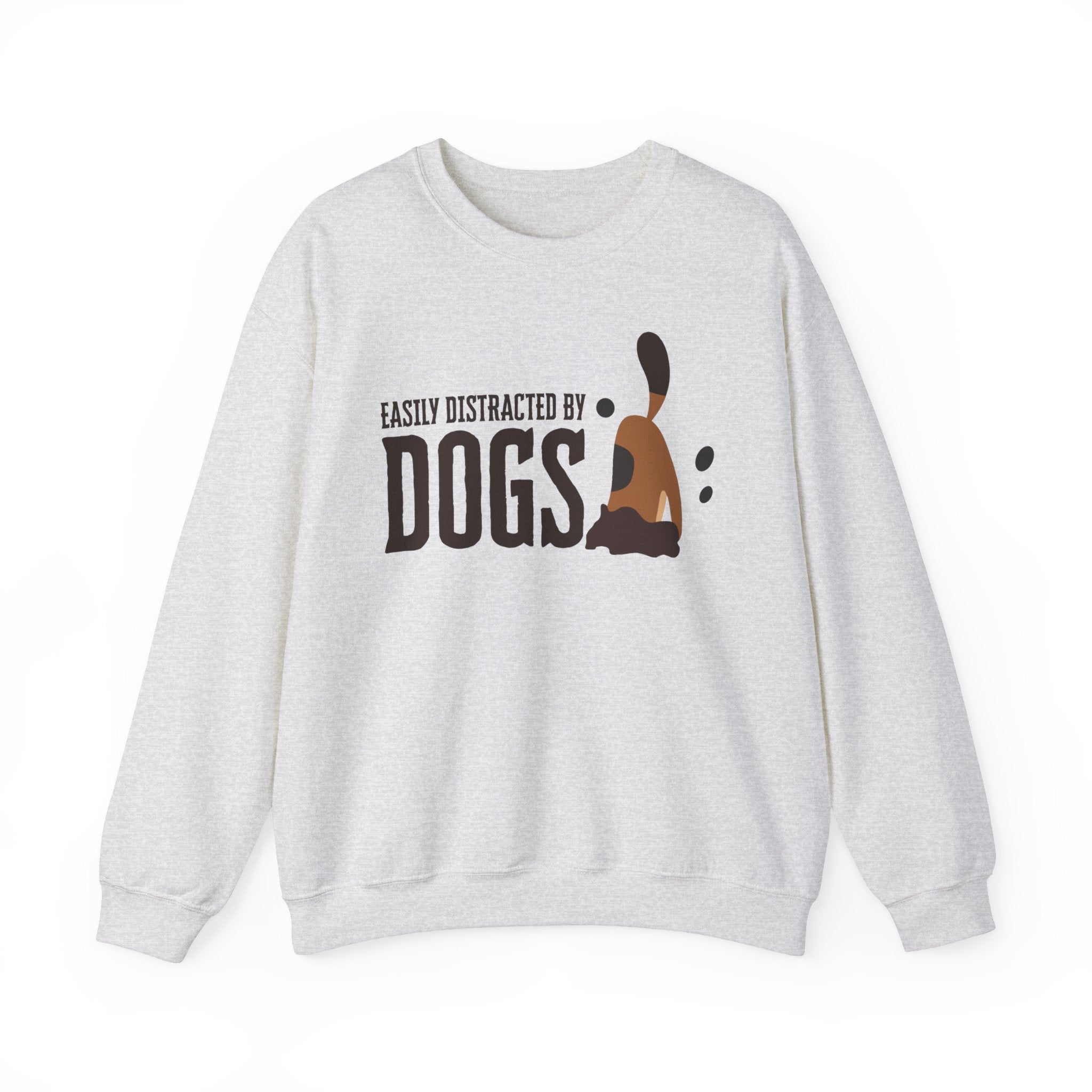 An ash-colored ‘Dogs Pure Love, Dog Dig’ unisex sweatshirt spotlights a dog digging with the slogan ‘Easily Distracted by Dogs,’ against a white background.