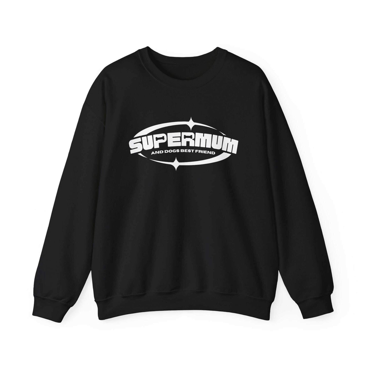  This black unisex sweatshirt from Dogs Pure Love simply features the phrase 'Supermum, and dogs best friend' on a white background.