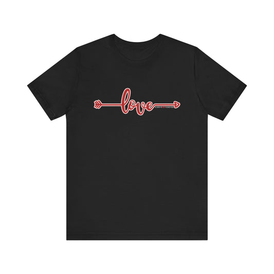 Dogs Pure Love unisex black tee with the word Love and an arrow on a white background.