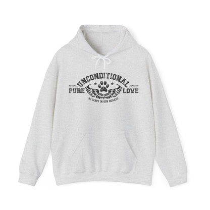  Fashioned in ash grey, the Dogs Pure Love unisex hoodie proudly presents the uplifting slogan 'Unconditional Pure Love, always in our hearts.' This profound message shines against a backdrop of pure white.