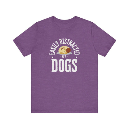 Amidst a white backdrop, rests a Dogs Pure Love 'Easily Distracted by Dogs' heather team purple unisex tee.