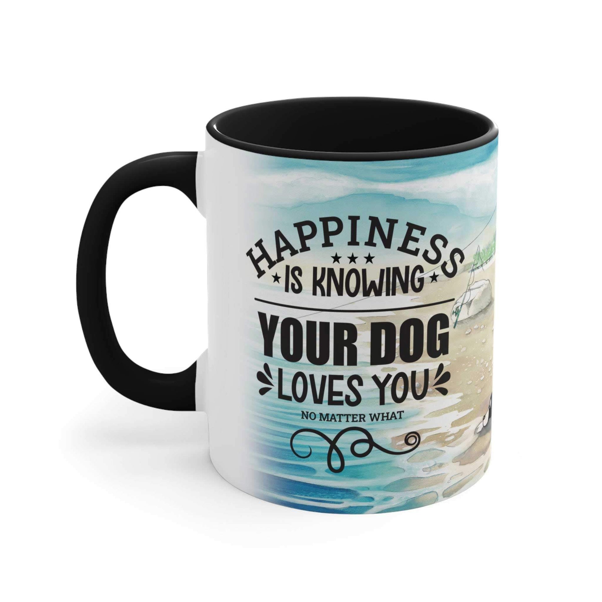 A Dogs Pure Love ceramic mug with black inner and handle, and a white outer with a beach illustration, features the slogan "Happiness is knowing your dog loves you no matter what," set against a white background.