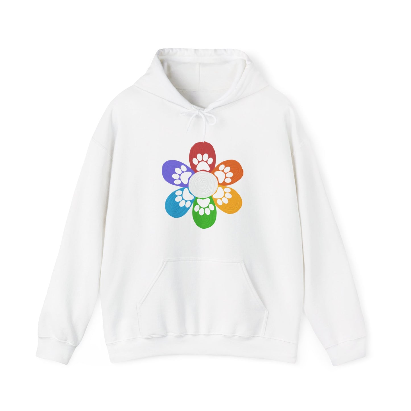 Against a white backdrop is a white  Dogs Pure Love hoodie displaying a colorful flower and dog paw print.