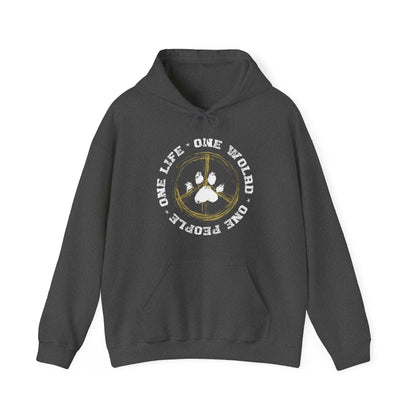 Featuring a dark heather grey 'Dog Pure Love, One World' unisex hoodie against a white canvas. 