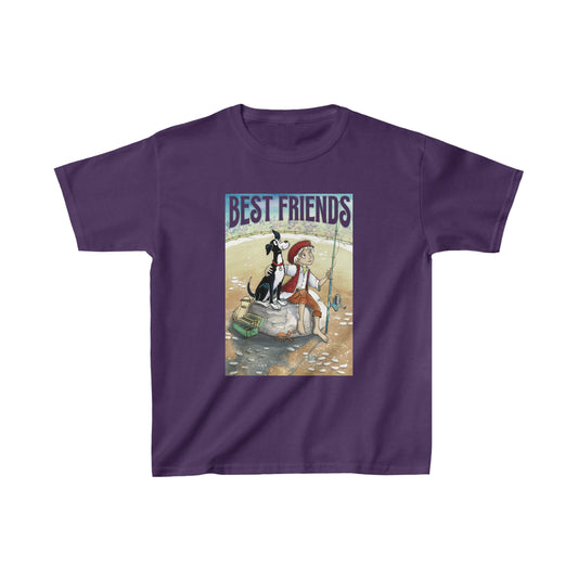  A Dogs Pure Love purple kids unisex tee showcases an illustration of a boy and a dog fishing, accompanied by the text 'Best Friends,' all against a white backdrop.