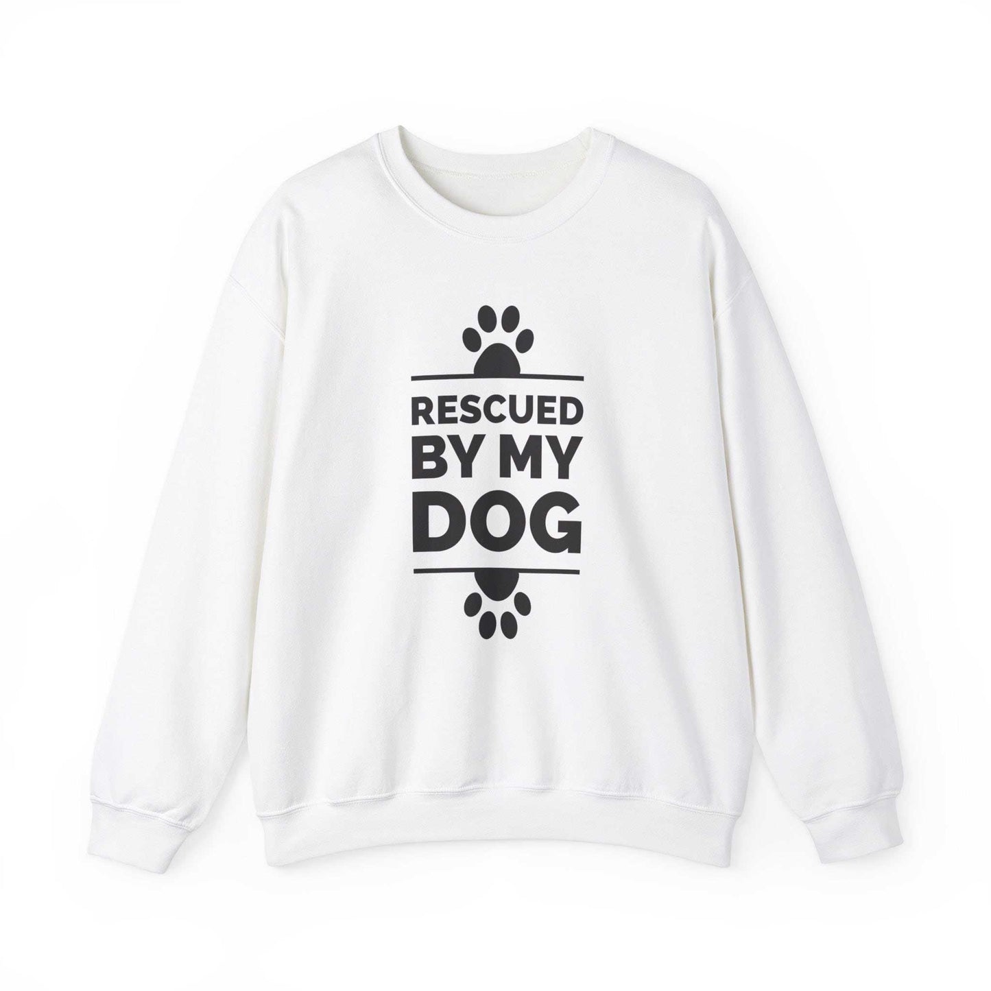  Introducing a Dogs Pure Love white unisex sweatshirt featuring charming paw prints and the heartfelt message 'Rescued by my Dog,' presented against a pure white backdrop.