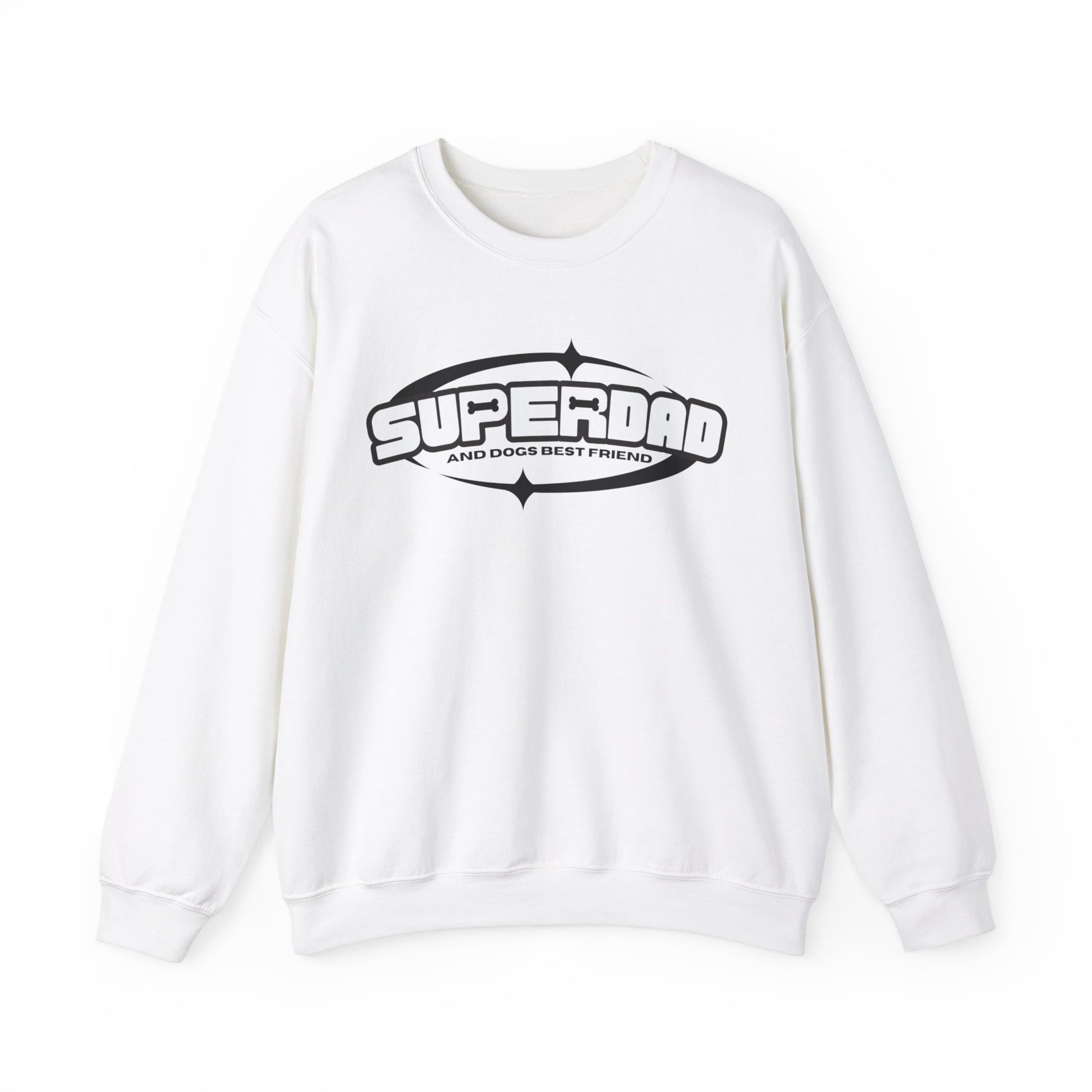  Presenting a white unisex sweatshirt from Dogs Pure Love, showcasing the "Superdad" print, set against a white background.