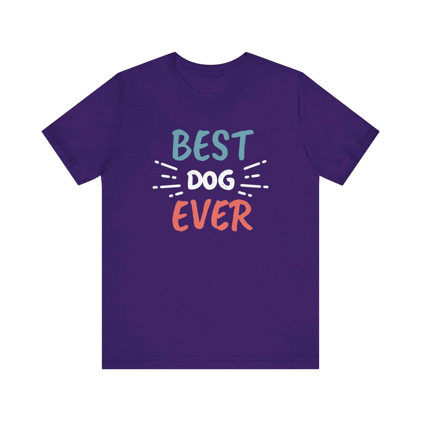 A Purple unisex adult tee with 'Dogs Pure Love, Best Dog Ever' design on white background.