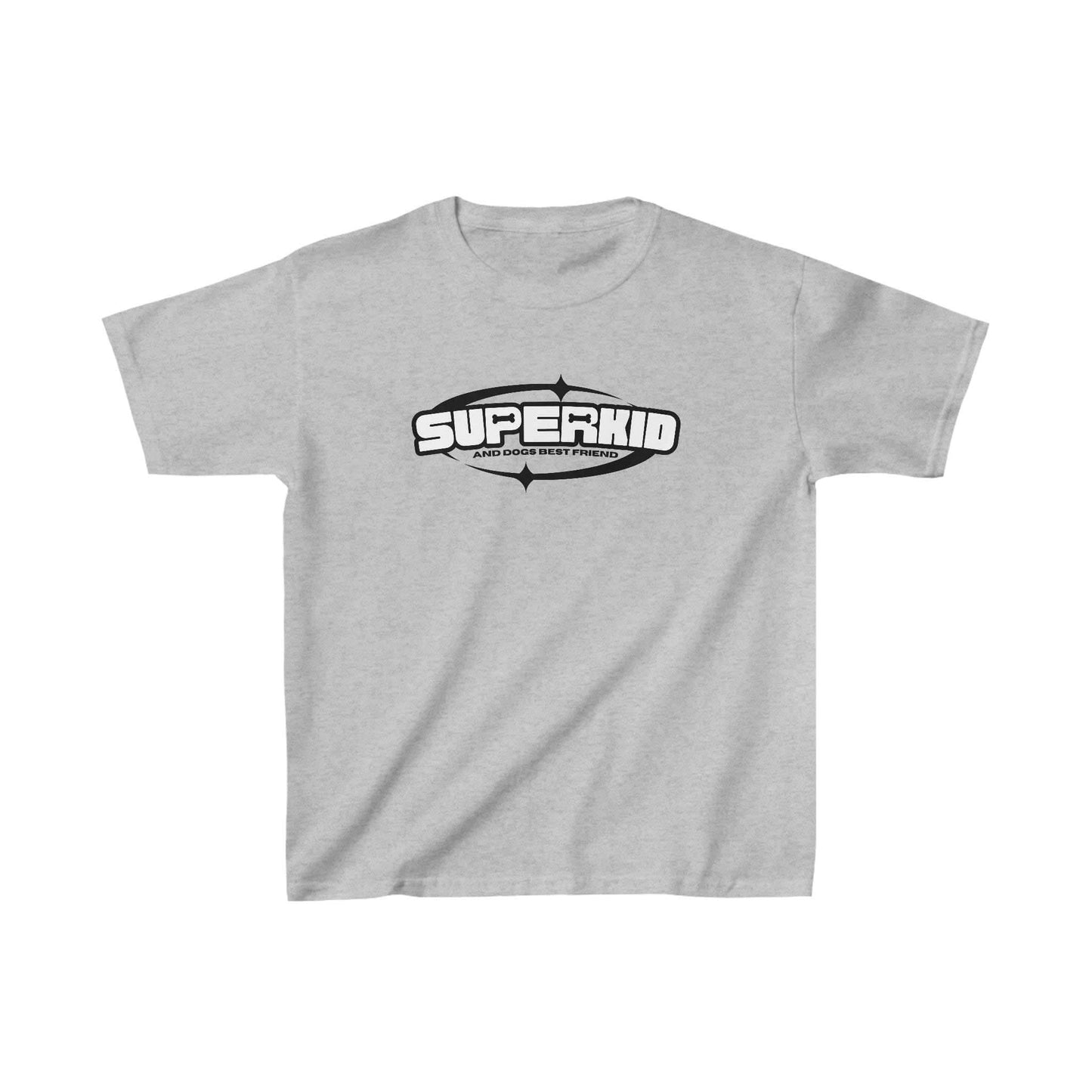 A sport grey Dogs Pure Love unisex kids tee, showcases the slogan, 'Superkid,' against a white background.