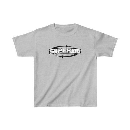 A sport grey Dogs Pure Love unisex kids tee, showcases the slogan, 'Superkid,' against a white background.