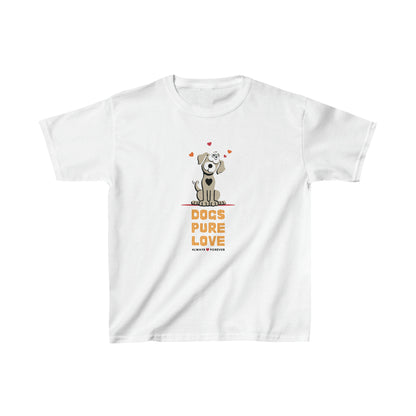 On a white background, a white unisex kids tee showcases the Dogs Pure Love logo.