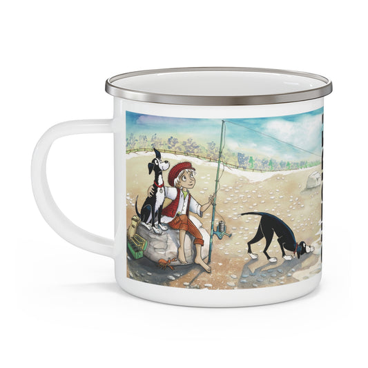 A boy and dog illustration on a Dogs Pure Love enamel mug, against a white backdrop.