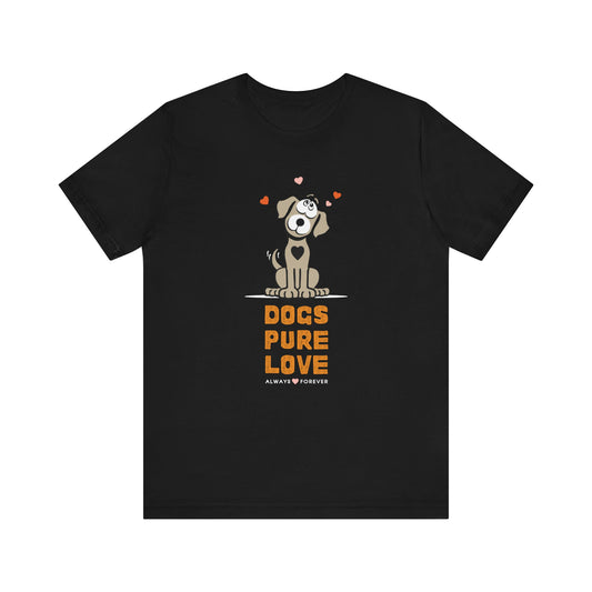 Against a white background, a black unisex t-shirt displays the Dogs Pure Love logo.