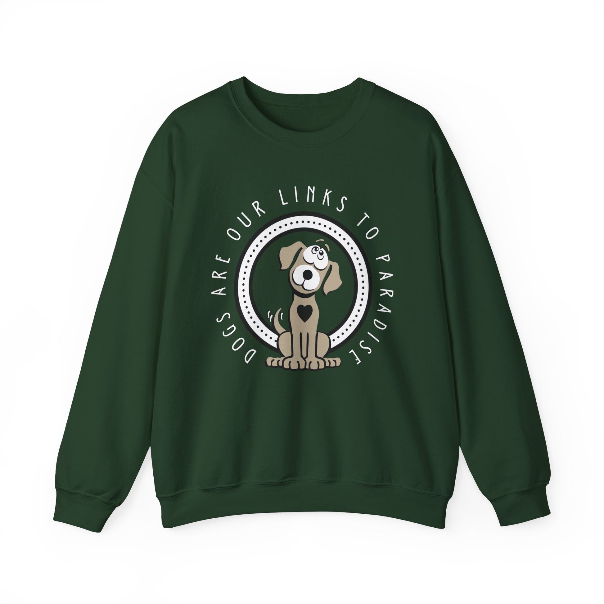 Introducing an unisex Dogs Pure Love design in forest green, showcasing the enchanting 'Dogs are Paradise' print, against a pristine white background.
