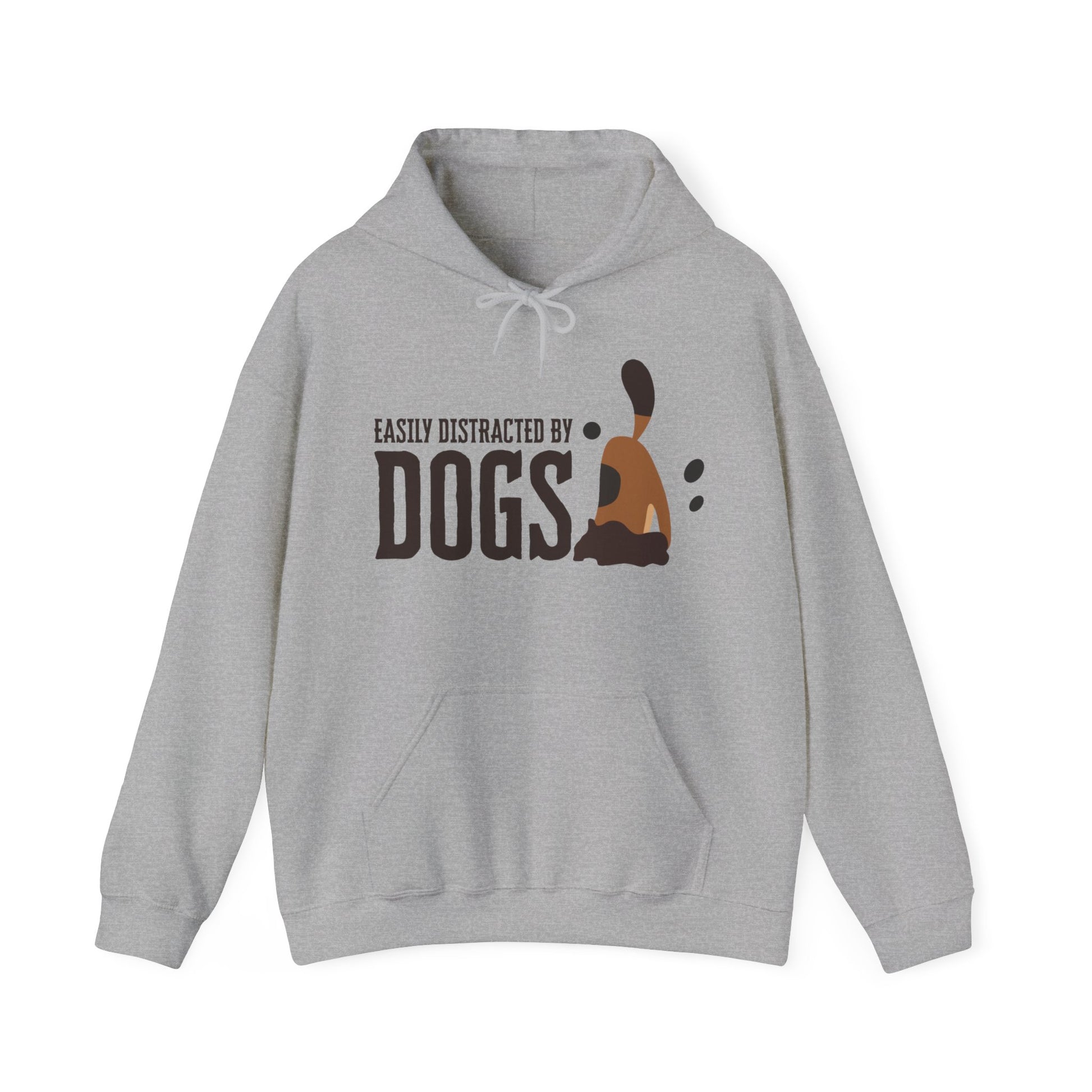 With a white backdrop behind, a ‘Dogs Pure Love, Dog Dig’ unisex sport grey hooded sweatshirt features a dog digging with the slogan ‘Easily Distracted by Dogs.’
