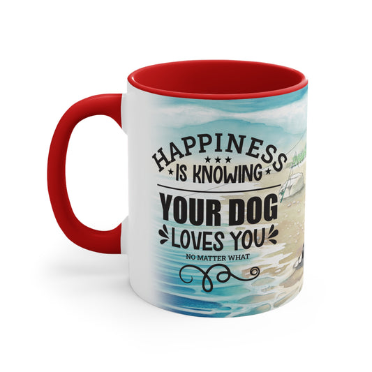 A Dogs Pure Love ceramic mug with red inner and handle, and a white outer adorned with an illustration, showcases the slogan "Happiness is knowing your dog loves you no matter what," set against a white background.