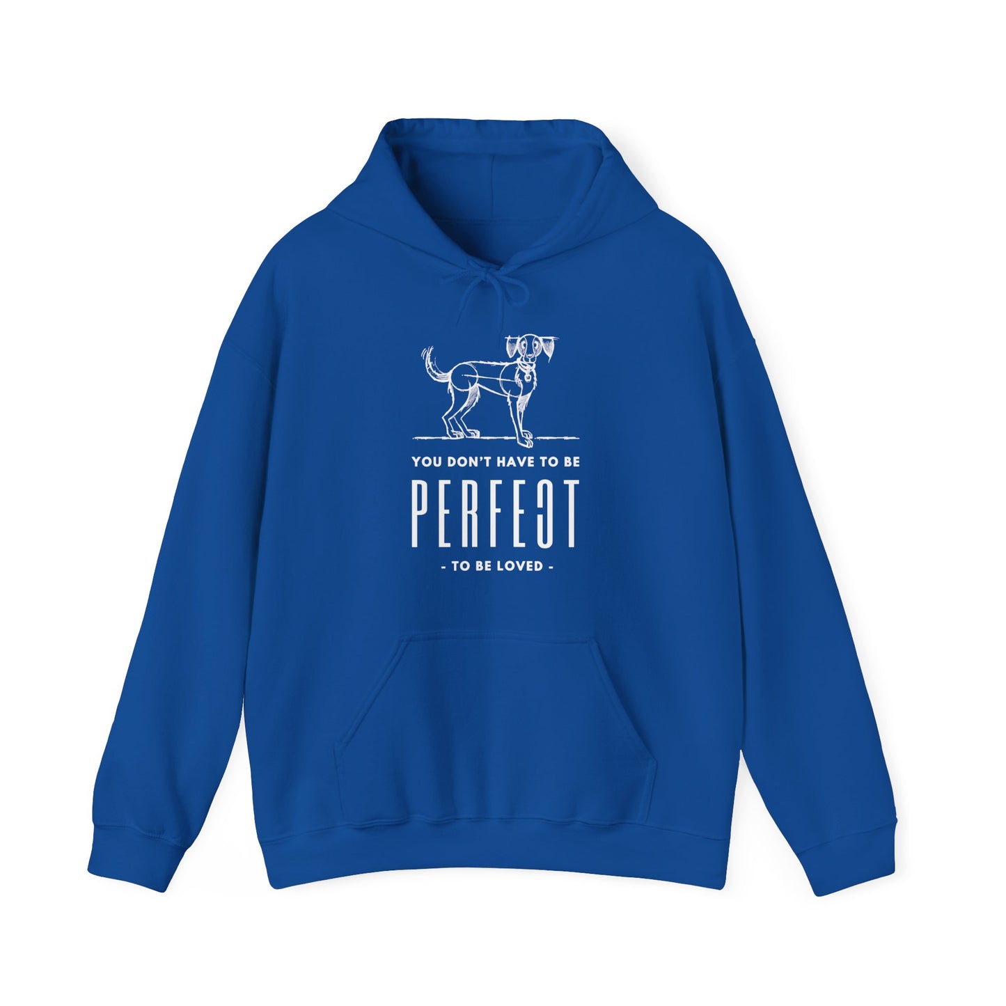 Against a white backdrop, Dogs Pure Love presents a royal blue unisex hoodie featuring a dog sketch and the phrase 'You don't have to be perfect to be loved.'