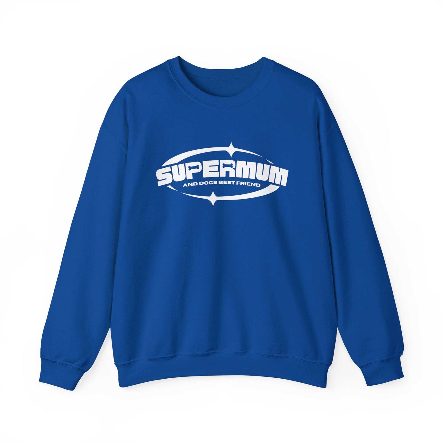  On a white background, a royal blue unisex sweatshirt from Dogs Pure Love showcases the phrase 'Supermum, and dogs best friend.'