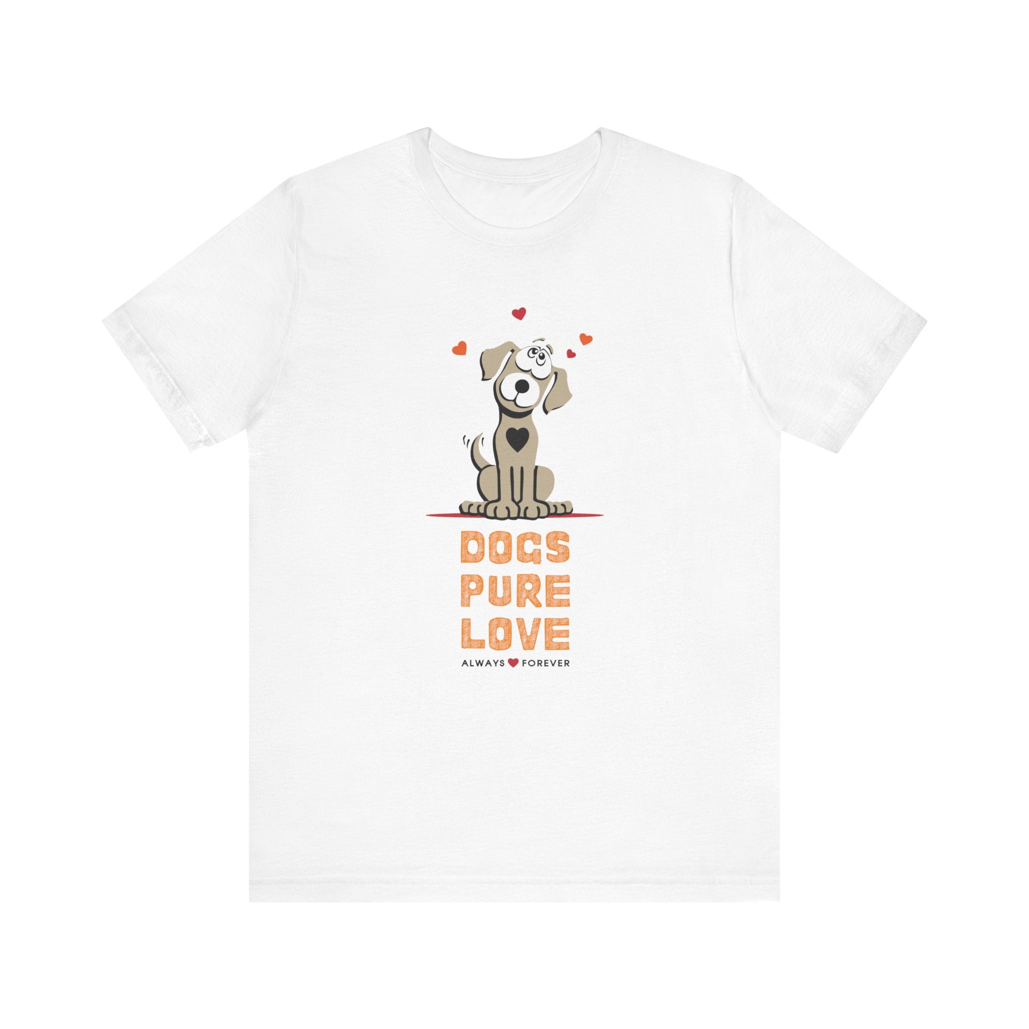 Against a white backdrop, a white unisex tee shows the Dogs Pure Love logo.